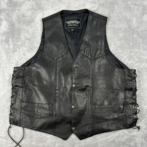 Vtg Unik Leather Motorcycle Vest Mens‎ Sz 50 Black Lace Up Sides Biker